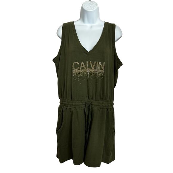 Calvin Klein Olive Green Romper Sz Large Shorts Sleeveless V-Neck Pockets - Picture 6 of 6